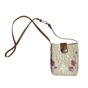 Brahmin Marley Floral Crossbody Bag White Pink Flowers Crocodile Leather